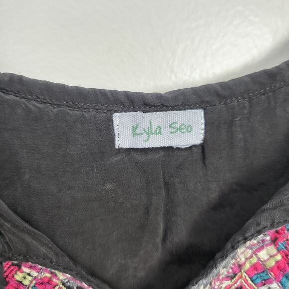 Kyla Seo Black Purple Embroidered Festival Boho Peasant Blouse Tunic Size Medium - Picture 3 of 6